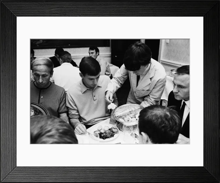 Framed Print : Members of the England football team eating breakfast at the team hotel in Hendon during Framed Print : Members of the England football team eating breakfast at the team hotel in Hendon during
