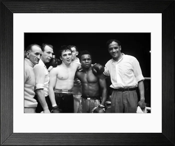 Framed Print : Hogan Kid Bassey after beating Gene Sneyers (left) in Liverpool 1954 Framed Print : Hogan Kid Bassey after beating Gene Sneyers (left) in Liverpool 1954