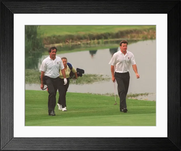 Framed Print : Ryder Cup Europe v USA September 1993 Nick Faldo golfer walks with his partner in