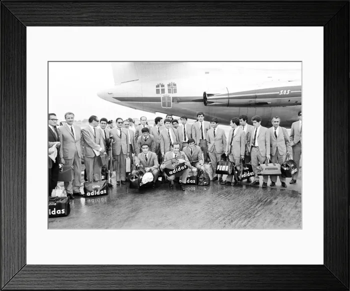 Framed Print : 1966 World Cup torurnament in England. The Chile team arriving at London Airport Framed Print : 1966 World Cup torurnament in England. The Chile team arriving at London Airport