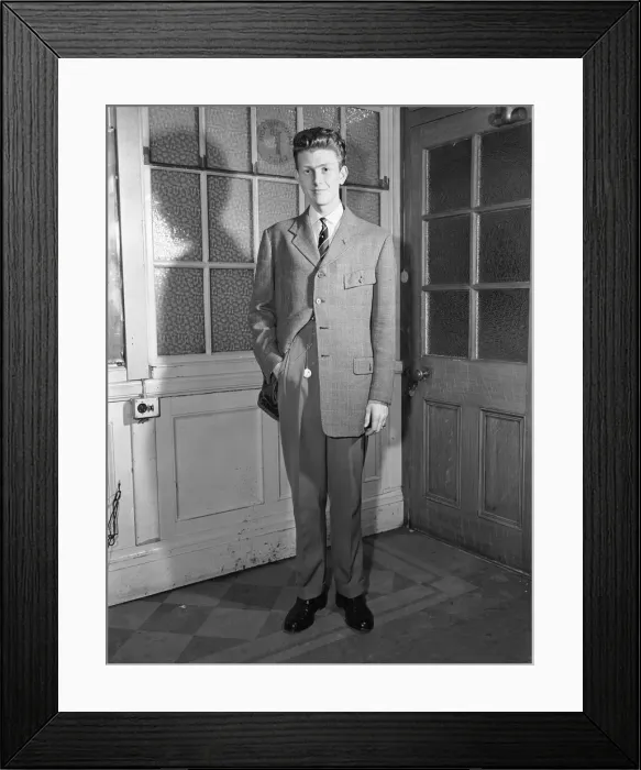 Framed Print : Youth modelling the latest fashion Edwardian suits. 11th November 1955 Framed Print : Youth modelling the latest fashion Edwardian suits. 11th November 1955