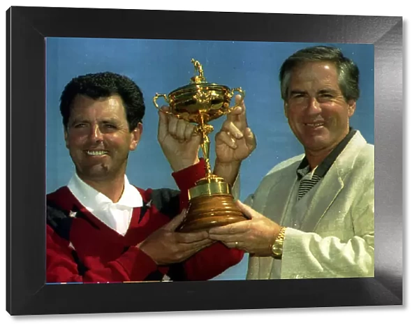 Bernard Gallacher European Ryder Cup Captain holds the trophy with Dave Stockton