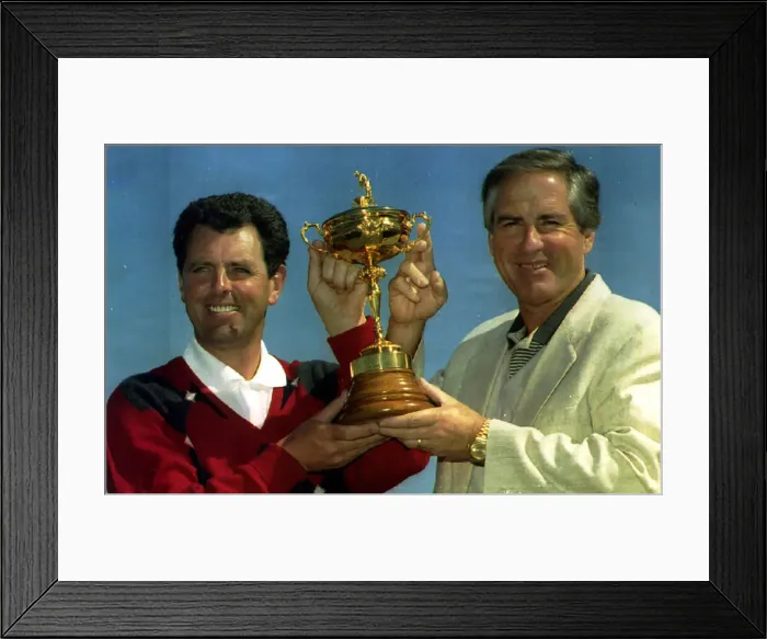 Framed Print : Bernard Gallacher European Ryder Cup Captain holds the trophy with Dave Stockton