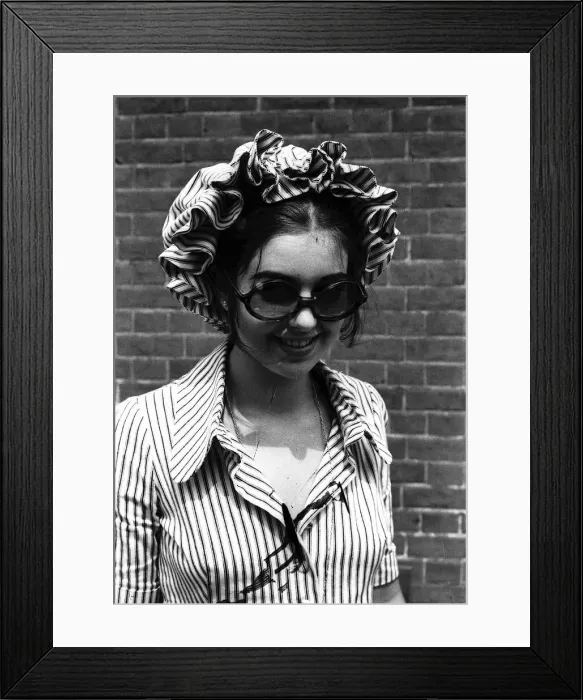 Framed Print : 1970s Clothing Ascot Fashion Hats - girl wearing a bonnet and sunglasses Framed Print : 1970s Clothing Ascot Fashion Hats - girl wearing a bonnet and sunglasses