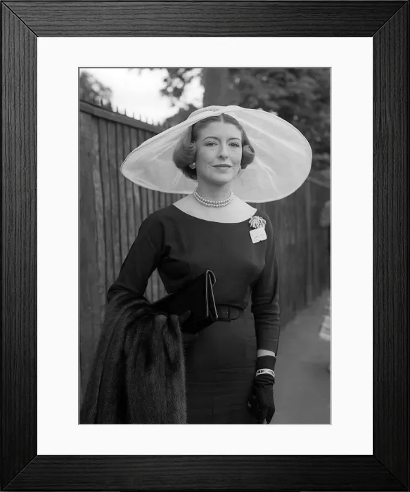 Framed Print : 1953 Clothing Ascot Fashion Mrs Douglas Riley-Smith wearing a black dress with white Framed Print : 1953 Clothing Ascot Fashion Mrs Douglas Riley-Smith wearing a black dress with white