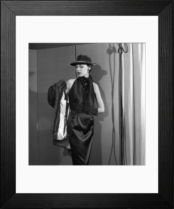 Framed Print : De Givenchy Fashion Show November 1952 Model wearing a black dress with black Framed Print : De Givenchy Fashion Show November 1952 Model wearing a black dress with black