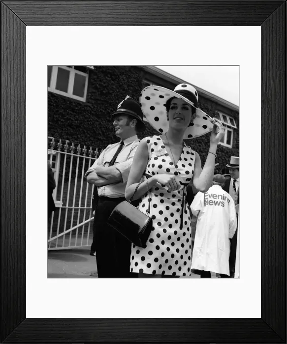 Framed Print : Fashion at Royal Ascot - June 1970 Ladies Day - A woman shows off her style of