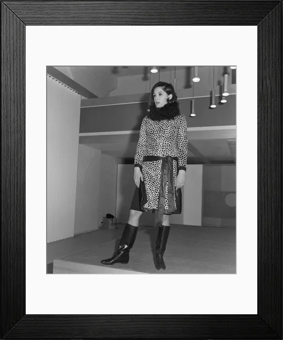 Framed Print : Mary Quant fashion clothing Wearing a leopard print dress with fur collar