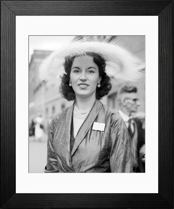 Framed Print : 1953 Clothing Ascot Fashion Mrs Peter Black wearing hat with feather detail