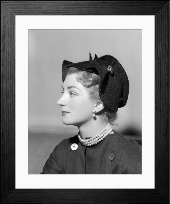 Framed Print : Hat Fashion by Norman Hartnell Wearing a black hat with rim deatil Framed Print : Hat Fashion by Norman Hartnell Wearing a black hat with rim deatil