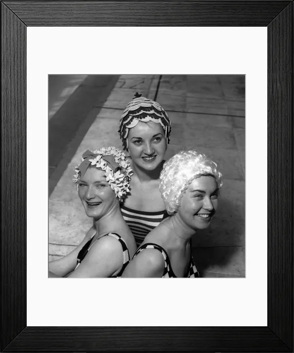 Framed Print : Swimwear Fashion Bathing Caps 1964 Pictures taken in Blackpool Three women in a