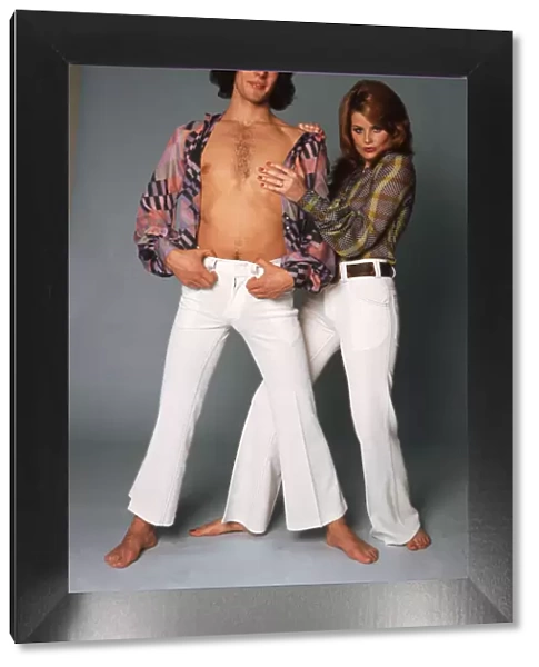 Seventies clothing fashion White jeans trousers with belt Multi coloured