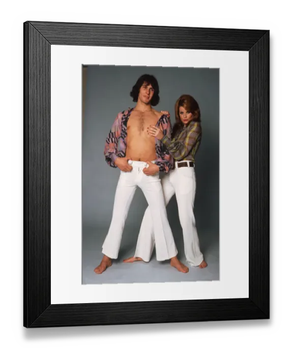 Framed Print : Seventies clothing fashion White jeans trousers with belt Multi coloured