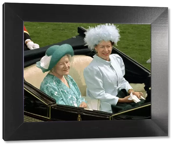 Queen Mother with Princess Margaret sitting in carriage Royal Ascot horse racing June