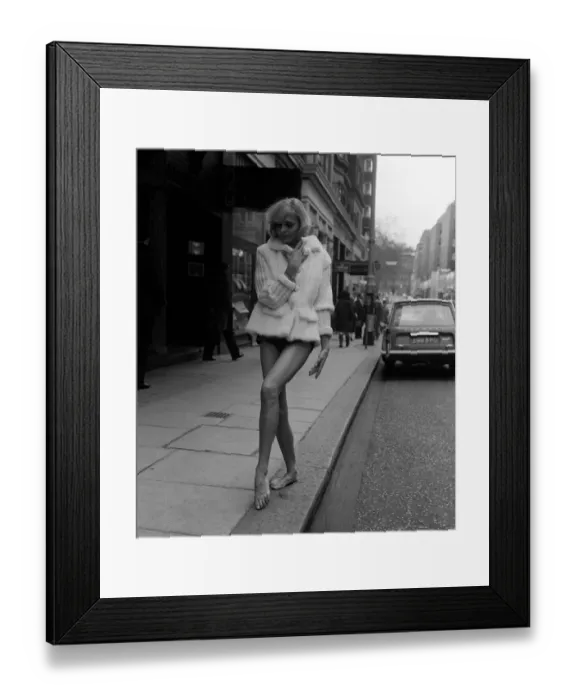 Framed Print : Fashion Sixties 60s Beth Pauley wearing White Saga mink ski jacket with knitted
