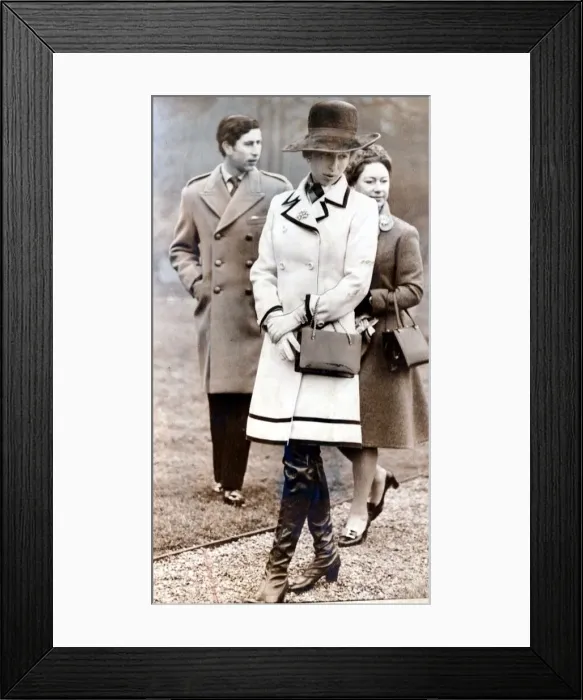 Framed Print : Princess Anne wearing a cream esemble trimmed coat with a chocolate edging 1973 Framed Print : Princess Anne wearing a cream esemble trimmed coat with a chocolate edging 1973