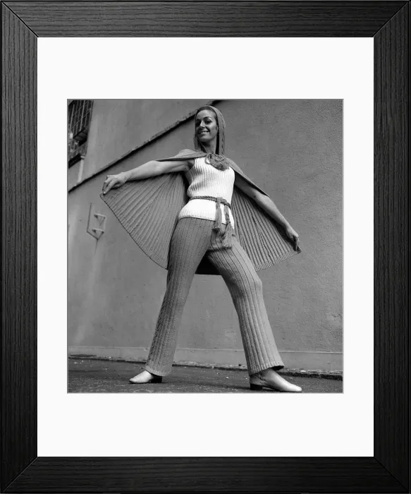 Framed Print : Fashion ICI 1969 Suzanne Gellard in Cape and slacks in Rasberry with sweater in vanilla Framed Print : Fashion ICI 1969 Suzanne Gellard in Cape and slacks in Rasberry with sweater in vanilla