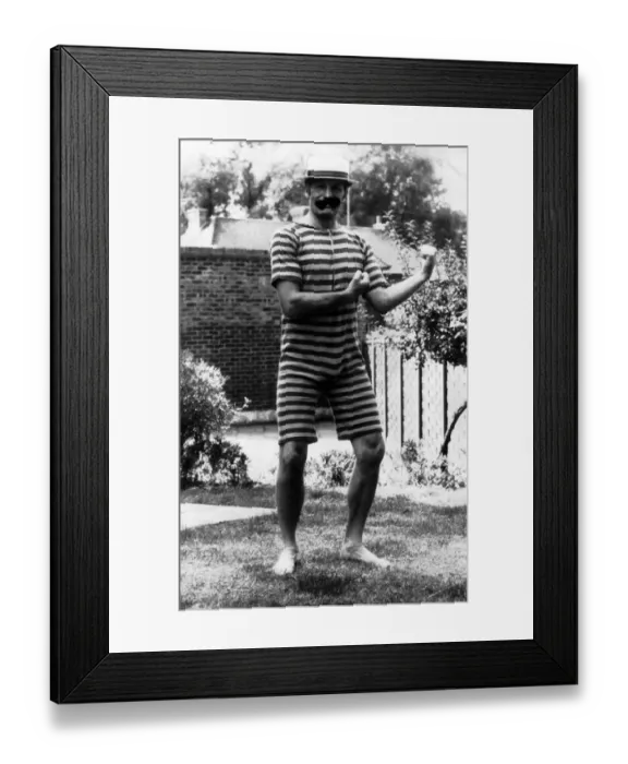 Framed Print : Henry Cooper British boxer June 1975 wearing old fashioned swimming suit to promote