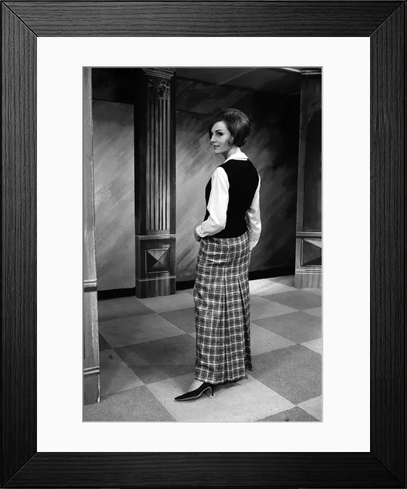 Framed Print : Fashions taken during London Fashion Week 1964 Ankle length Plaid skirt with white