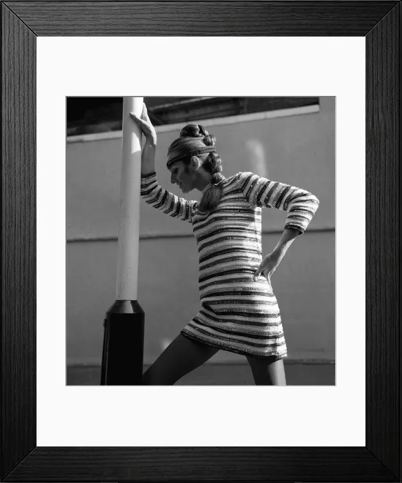 Framed Print : Fashion ICI 1969 Suzanne Gellard in cocktail dress with sequins in royal sapphire french