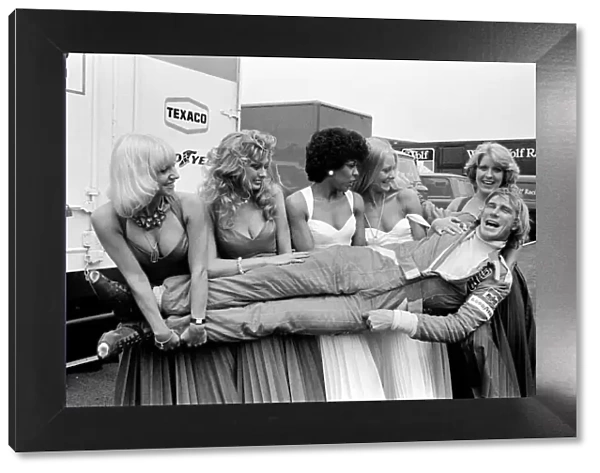 James Hunt pictured today at Brands Hatch. Five lovely girls visited