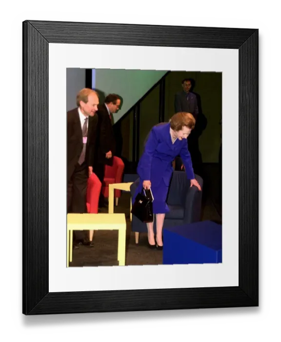 Framed Print : Margaret Thatcher Conservative Party Conference 1998 Checks her IKEA chair before Framed Print : Margaret Thatcher Conservative Party Conference 1998 Checks her IKEA chair before