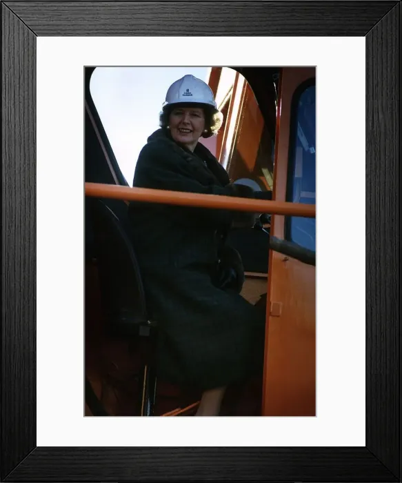 Framed Print : Margaret Thatcher sitting in a crane in drivers cabin while on an industrial visit Framed Print : Margaret Thatcher sitting in a crane in drivers cabin while on an industrial visit