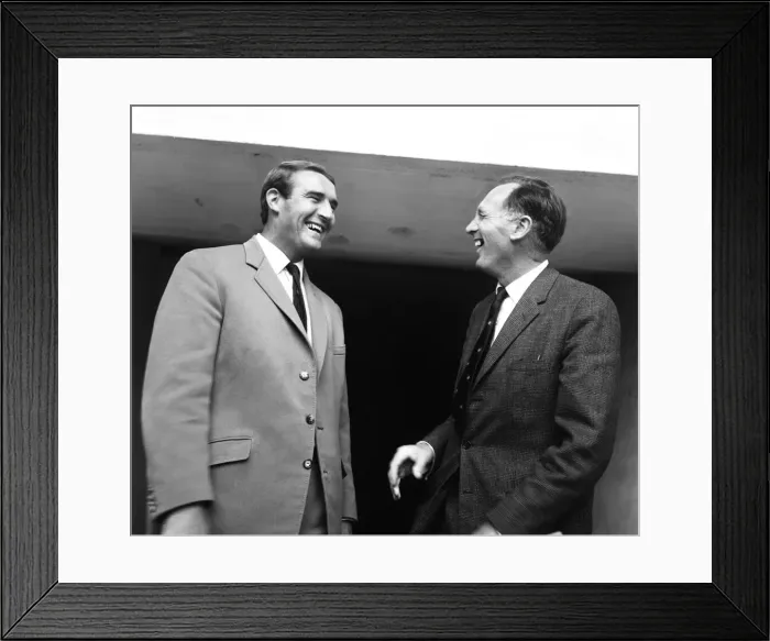 Framed Print : Joe Mercer manager of Manchester City shares a joke with his new assistant manager