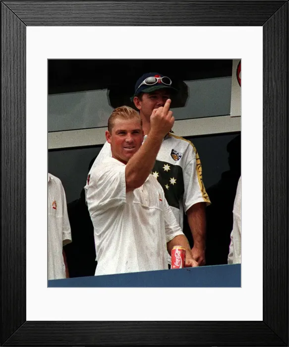 Framed Print : Shane Warne celebrates Australias win july 1997 after match at Old Trafford Framed Print : Shane Warne celebrates Australias win july 1997 after match at Old Trafford