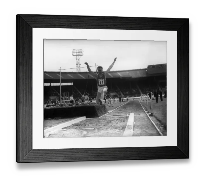 Framed Print : Welsh long jumper Lynn (the leap) Davies of Glamorgan breaks record by jumping 26ft Framed Print : Welsh long jumper Lynn (the leap) Davies of Glamorgan breaks record by jumping 26ft