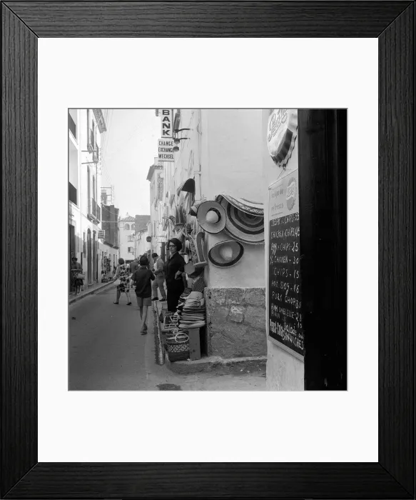 Framed Print : Shops and Restaurants in Tossa, Spain - July 1965
