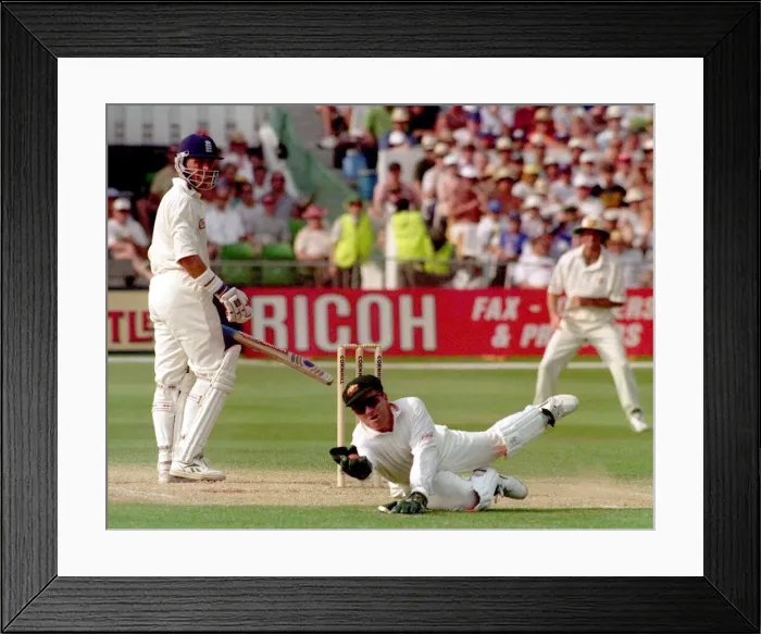 Framed Print : Alec Stewart is caught out by Ian Healy off Warne 1997 during fifth test against