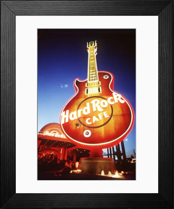 Framed Print : Las Vegas at night, 1997. The Hard Rock Cafe - restaurant front with giant electric