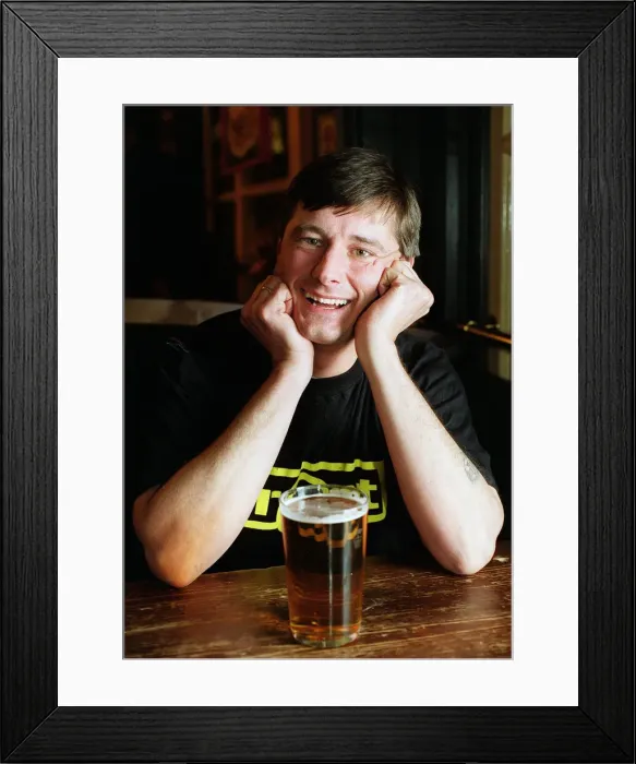 Framed Print : Mark Roberts, the Vanessa Show streaker, having a pint at his local pub in March 1999