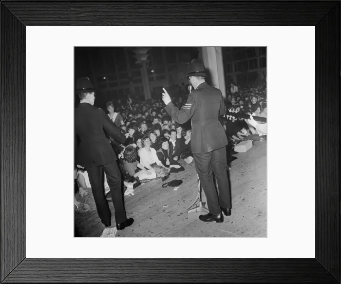 Framed Print : Police on stage before Beatles concert at the Pavillion Dance Hall in Buxton Framed Print : Police on stage before Beatles concert at the Pavillion Dance Hall in Buxton