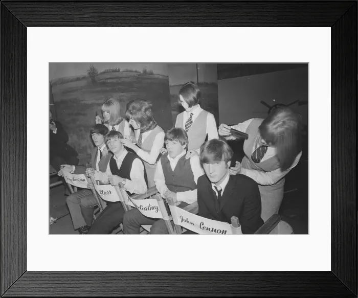 Framed Print : The Beatles pose for pictures during filming of A Hard Day