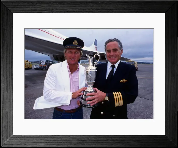 Framed Print : Greg Norman holds the Claret Jug trophy after winning the British Open with Concorde