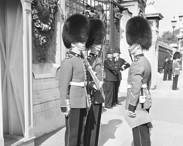 The Coldstream guards seen here being given their order before mounting the guard at