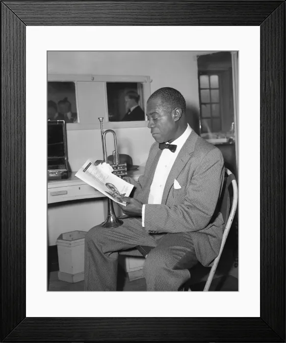 Framed Print : Louis Armstrong seen here in his dressing room before performing in London in May 1956 Framed Print : Louis Armstrong seen here in his dressing room before performing in London in May 1956