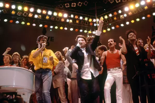 Live Aid concert at Wembley Stadium. All the stars on the stage at the end for