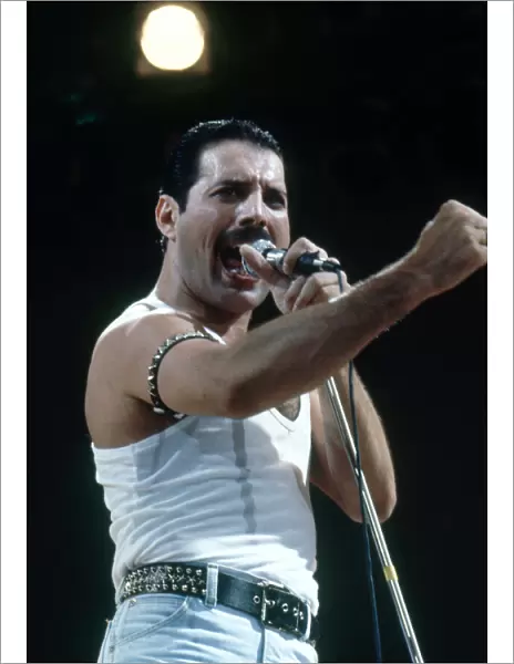 Live Aid concert at Wembley Stadium, Queen lead singer Freddie Mercury on stage