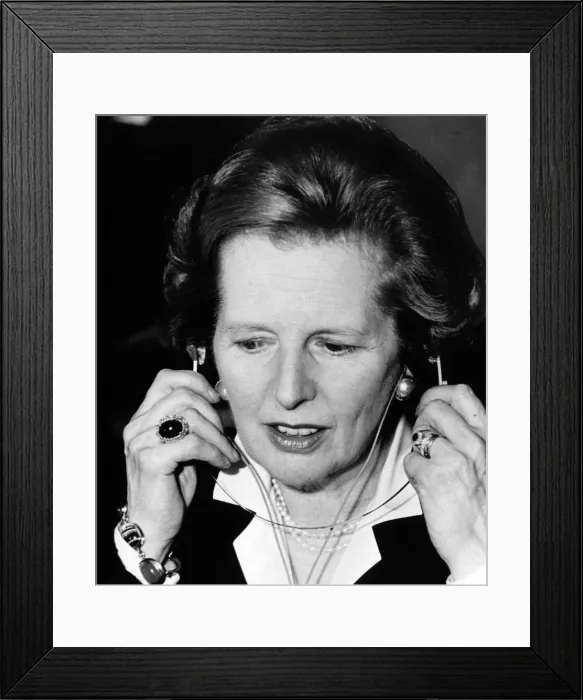 Framed Print : Prime Minister Margaret Thatcher tries out a pair of headphones - audio amplifiers - Framed Print : Prime Minister Margaret Thatcher tries out a pair of headphones - audio amplifiers -