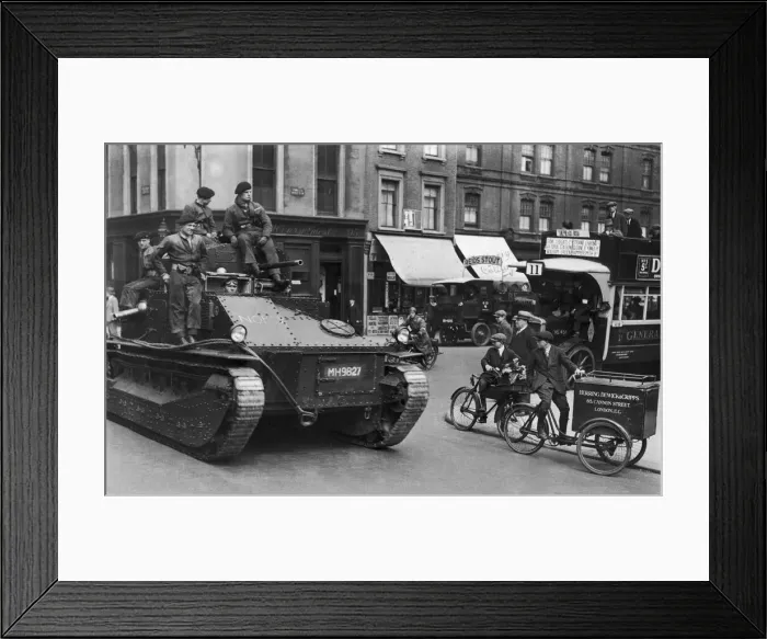 Framed Print : Soldiers seen here patrolling the streets of London in their Vickers Medium tanks Framed Print : Soldiers seen here patrolling the streets of London in their Vickers Medium tanks