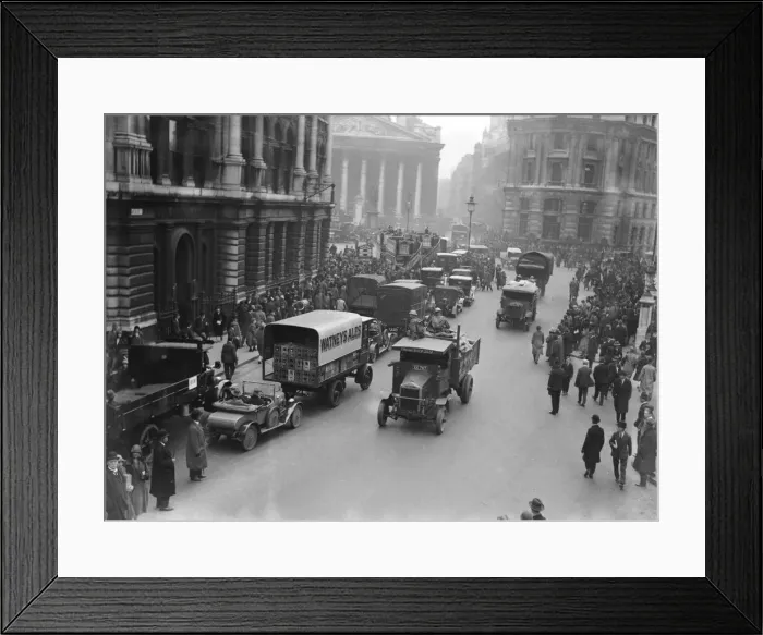 Framed Print : The army escort a food convoy past commuters making their way to work near The Bank in Framed Print : The army escort a food convoy past commuters making their way to work near The Bank in