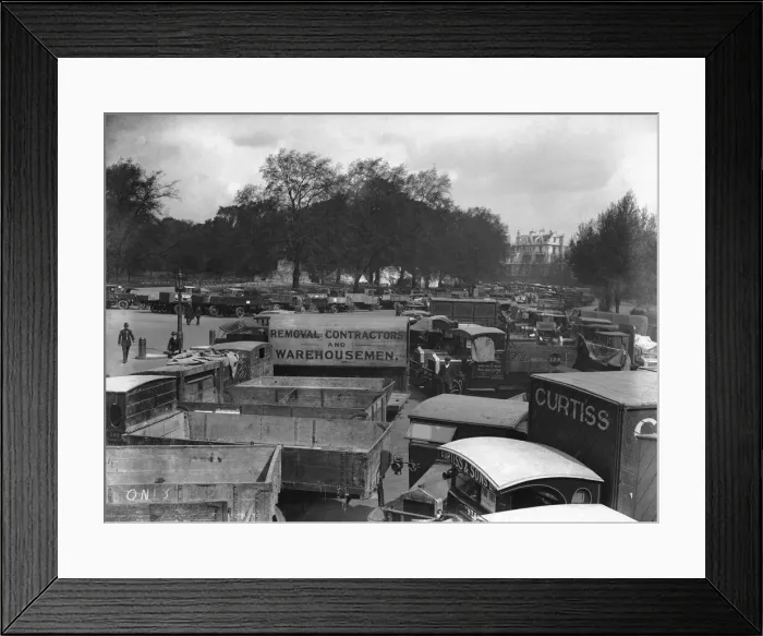 Framed Print : Food transport lorries parked up in Hyde Park on the tenth day of the General Strike