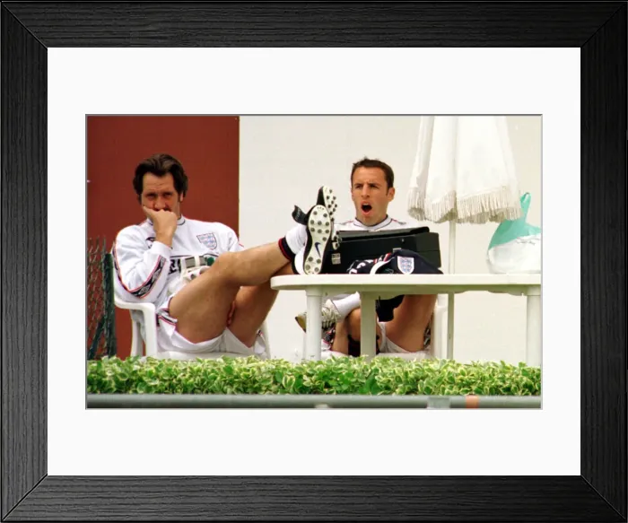 Framed Print : David Seaman and Gareth Southgate June 1998 relax after England training session in Framed Print : David Seaman and Gareth Southgate June 1998 relax after England training session in