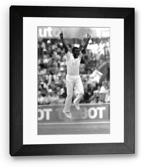 Framed Print : Malcolm Marshall West Indies cricketer celebrates after taking the wicket of Lamb Framed Print : Malcolm Marshall West Indies cricketer celebrates after taking the wicket of Lamb
