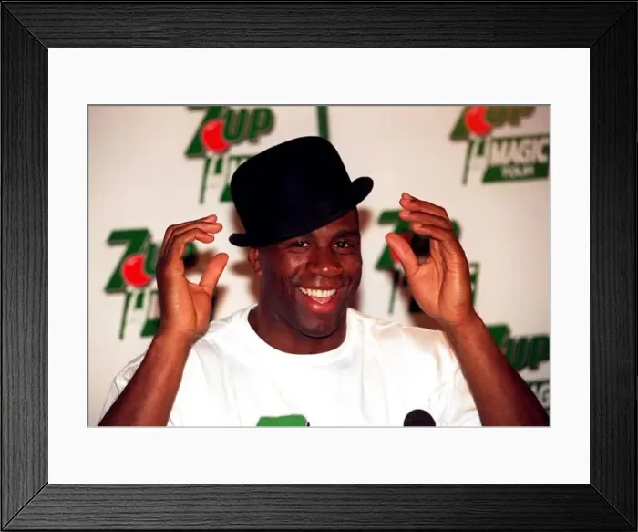Framed Print : Magic Johnson 2nd September 1994. Pictured wearing bowler hat Framed Print : Magic Johnson 2nd September 1994. Pictured wearing bowler hat