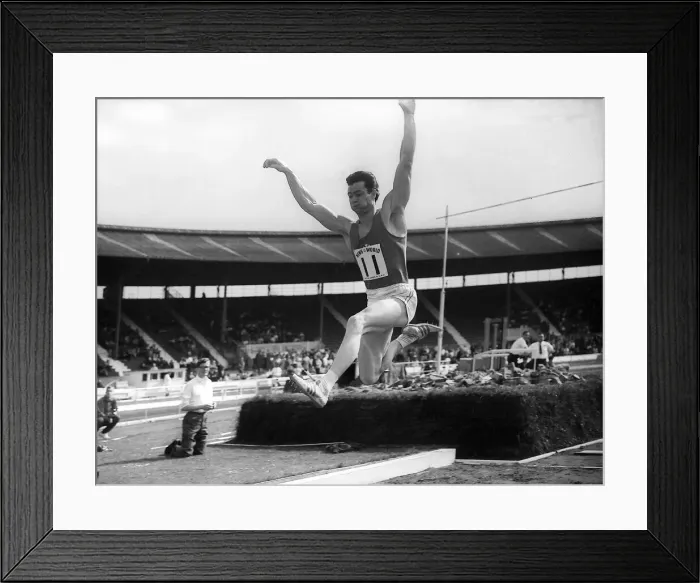 Framed Print : Welsh long jumper Lynn (the leap) Davies of Glamorgan breaks record by jumping 26ft Framed Print : Welsh long jumper Lynn (the leap) Davies of Glamorgan breaks record by jumping 26ft