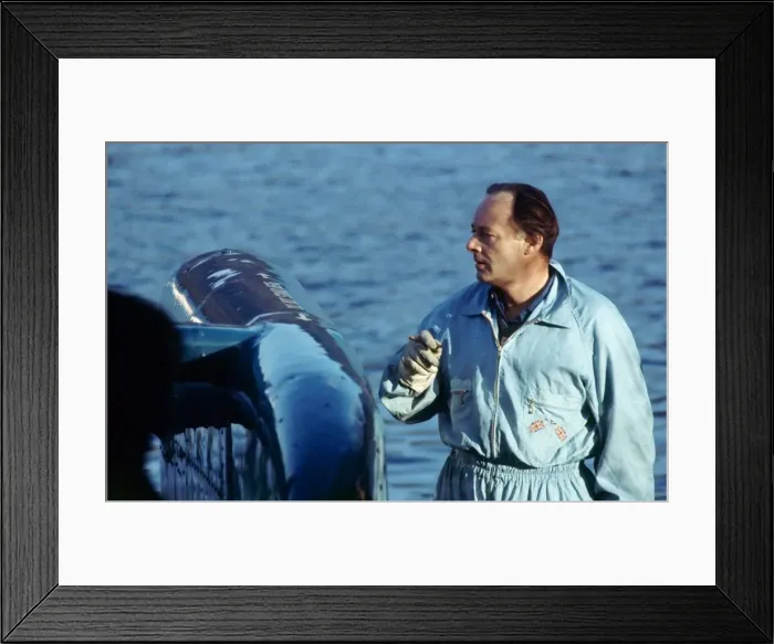 Framed Print : British speed enthusiast Donald Campbell during preparations for the world water speed Framed Print : British speed enthusiast Donald Campbell during preparations for the world water speed
